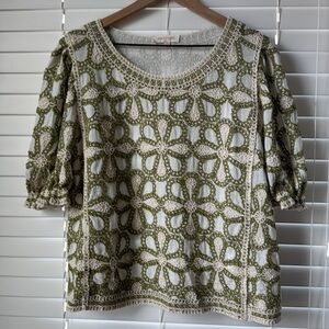 SOLITAIRE Crochet Green/White Floral Knit Puff Sleeve Size Medium Blouse